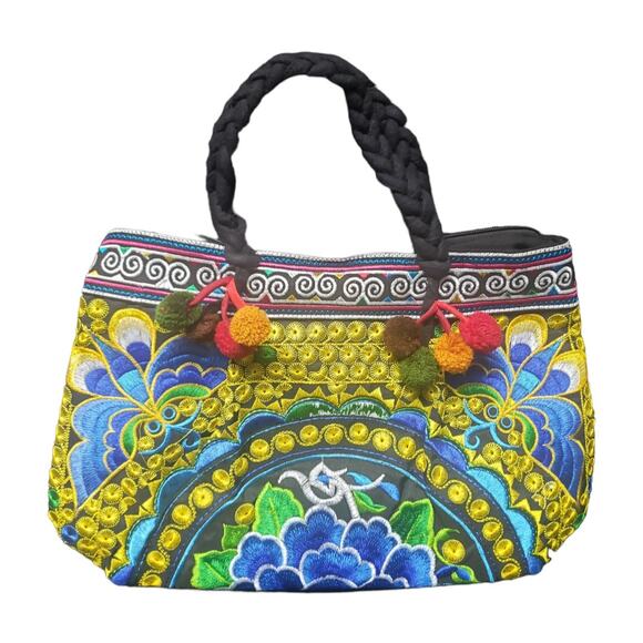 Multi Colored Floral Embroidered Quilt Fabric Hand Bag Purse | 100% Cotton - Picture 1 of 7